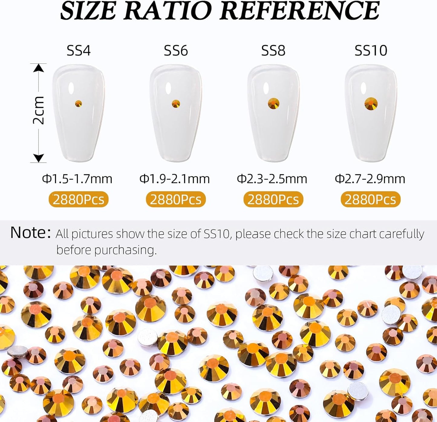 Gold Flatback Rhinestones, Glass Rhinestones for Nail Art and Craft, Glue Fix, Loose Crystal Gemstones(Gold, SS8, 2880pcs, 2.3-2.5mm)