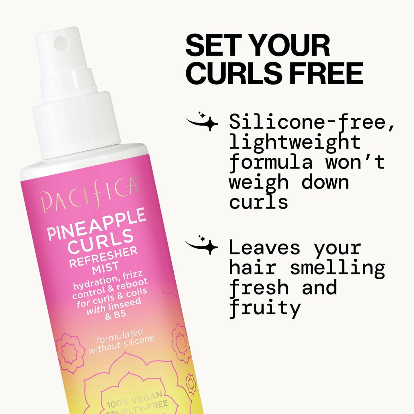 Pacifica Pineapple Curls Refresher Mist Frizz Control Spray & Curly Hair Enhancing -w/Hyaluronic Acid Vitamin B5 & Natural Plant Oils Revitalizes Curls - Vegan Cruelty Free Dermatologist Tested