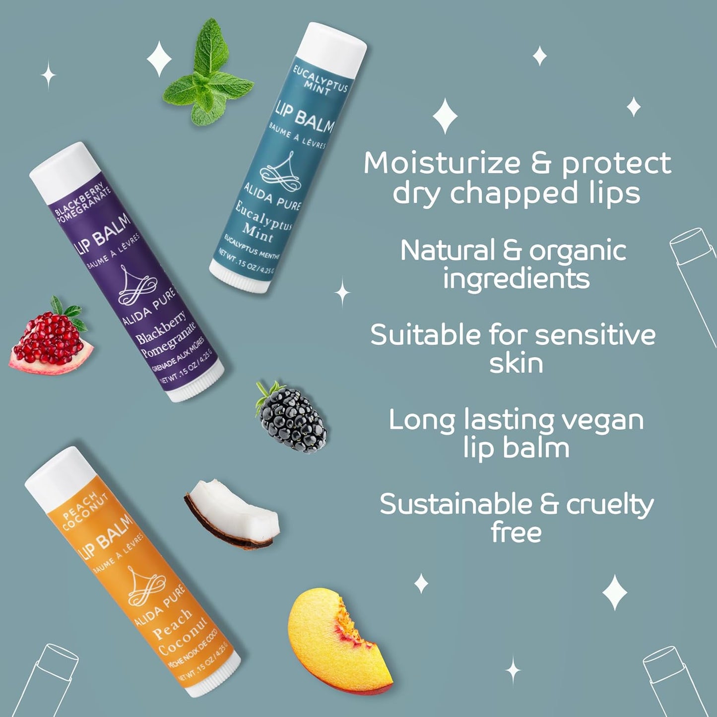 Fruit Mint Lip Balm Collection, Vegan Set, Bees Wax Free, Coconut Oil Free, with Organic Jojoba and Avocado Oil, Vitamin E, Natural Moisturizer For Dry Cracked Lips, 3 Tube Set