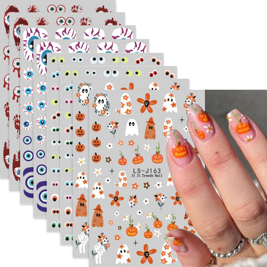 8 Sheets Halloween Nail Art Stickers Decals Evil Eye Nails Stickers Cute Ghost Pumpkin Nails Decal