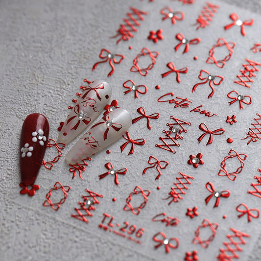 5D Embossed Red Bows Nail Stickers, Nail Art Sticker with Crystal Rhinestones Self-Adhesive Nail