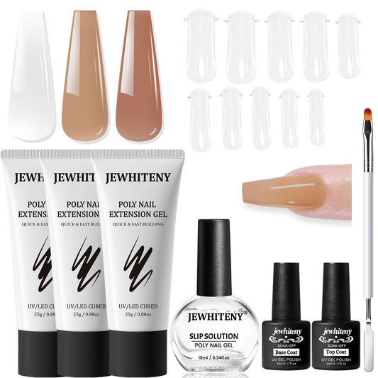 JEWHITENY Poly Nail Gel Set Clear Nude Brown Neutral Classic Color Base and Top Coat Slip Solution Poly Extension Gel With Acrylic Nail Builder Need U V Lamp Curing