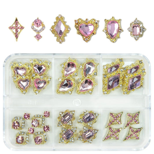 24pcs Pink Nail Luxury Nail Charms Heart Rhinestones Charms 3D Big Nail Gems Crystals Diamonds Jewelry Stones Alloy Studs Supplies Decoration for Arylic Nails Face Makeup DIY Crafts Jewerly