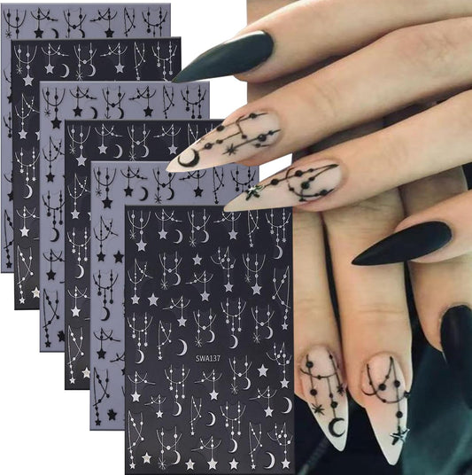 6 Sheets Moon Star Nail Art Stickers 3D Self -Adhesive Hollow Stars Nail Decals Holographic Black &