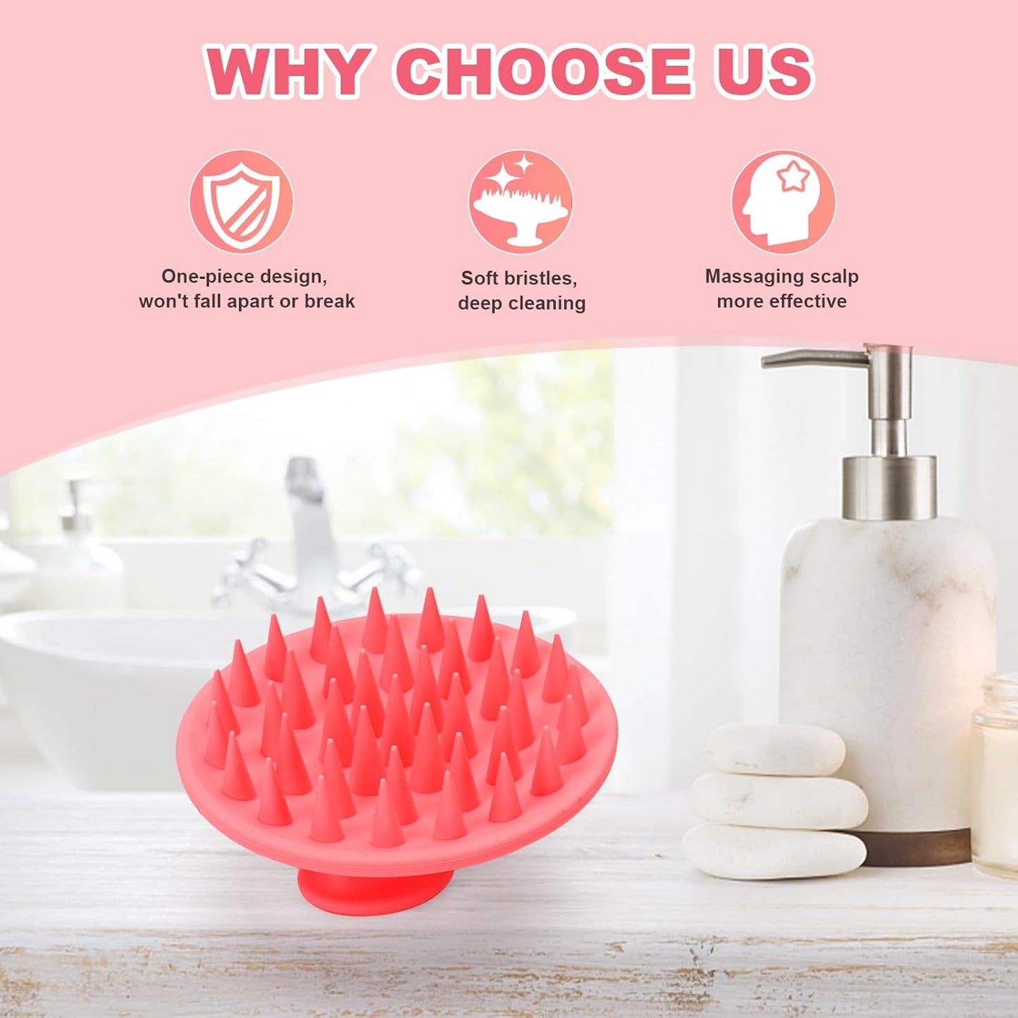 Silicone Scalp Massager Shampoo Brush, Scalp Brush for Hair Growth & Dandruff Removal, Hair Scrubber Scalp Stimulator Exfoliator Brush with Soft Bristles for Wet Dry Scalp Care (Rose Red)