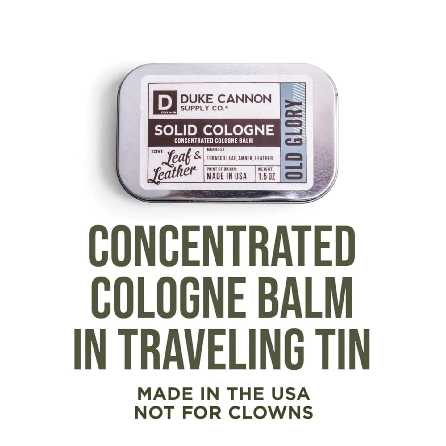 Duke Cannon Solid Cologne - Old Glory Premium Concentrated Cologne Balm, Fresh Tobacco, Amber, and Leather Scent, 1.5 oz. Travel Tin