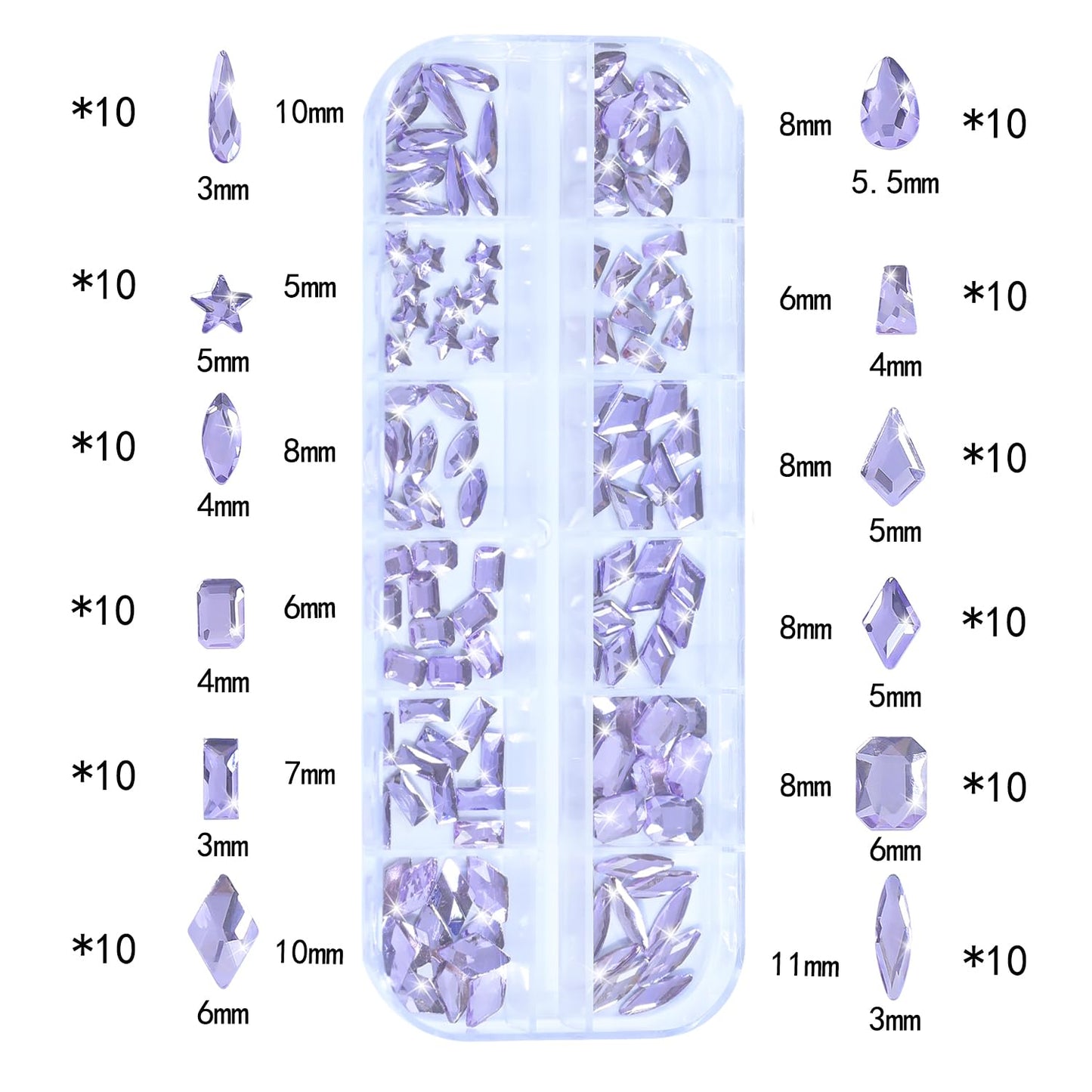 HNUIX Nail Rhinestones - 1600pcs 3D Multi Shape Size, Light Purple Nail Gems, Flat Back, with Kit, for Nail Art, DIY Decorations