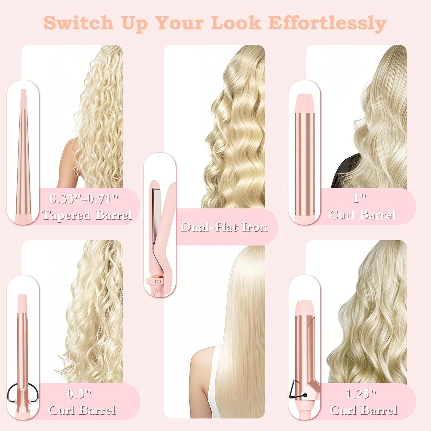 Ufree 5 in 1 Curling Iron with Ceramic Barrels (0.35"-1.25"), Curling Wand Set with Flat Iron Hair Straightener, Instant Heat Up, Dual Voltage Hair Curler, Gifts for Women, Pink