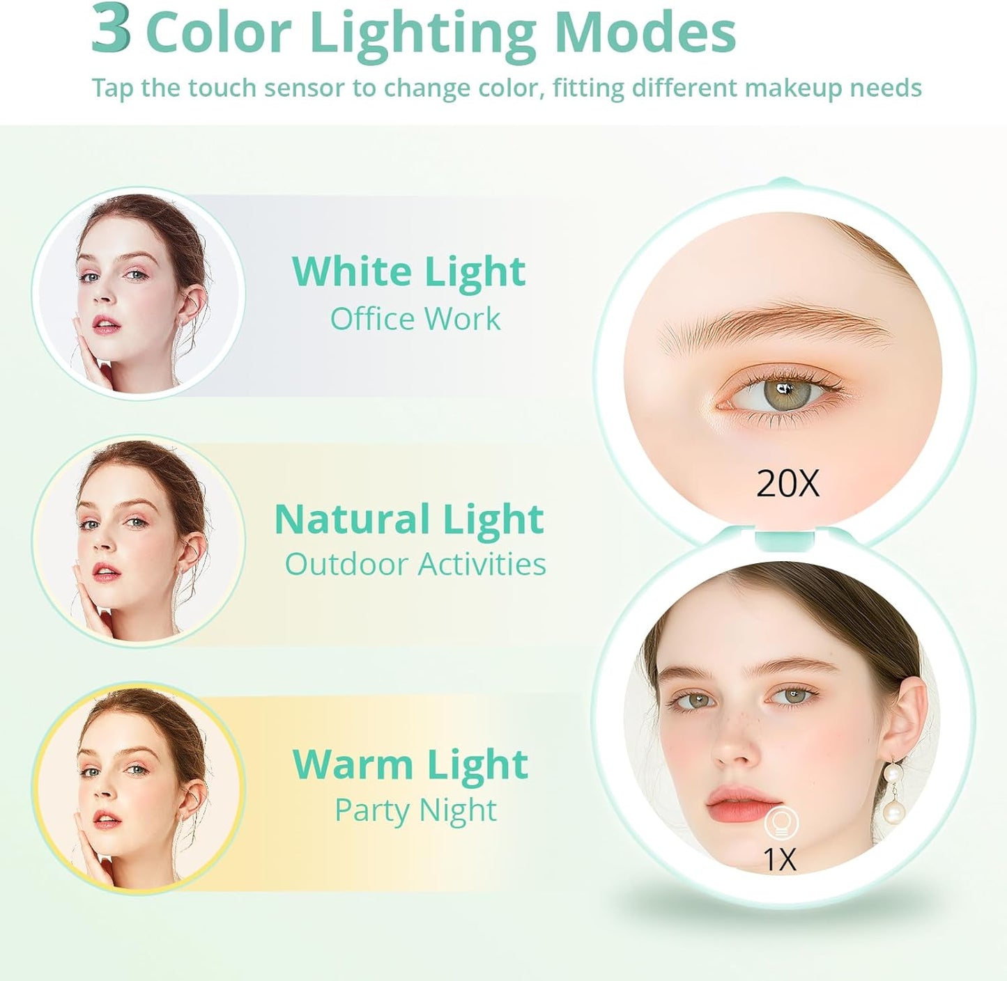 Fabuday Travel Compact Magnifying Makeup Mirror with Lights - Large 4.8'' Wide Led Lighted Portable Mirror with 1x/20x Magnification, Rechargeable Small Foldable 3 Color Lighting Mirrors, Cyan