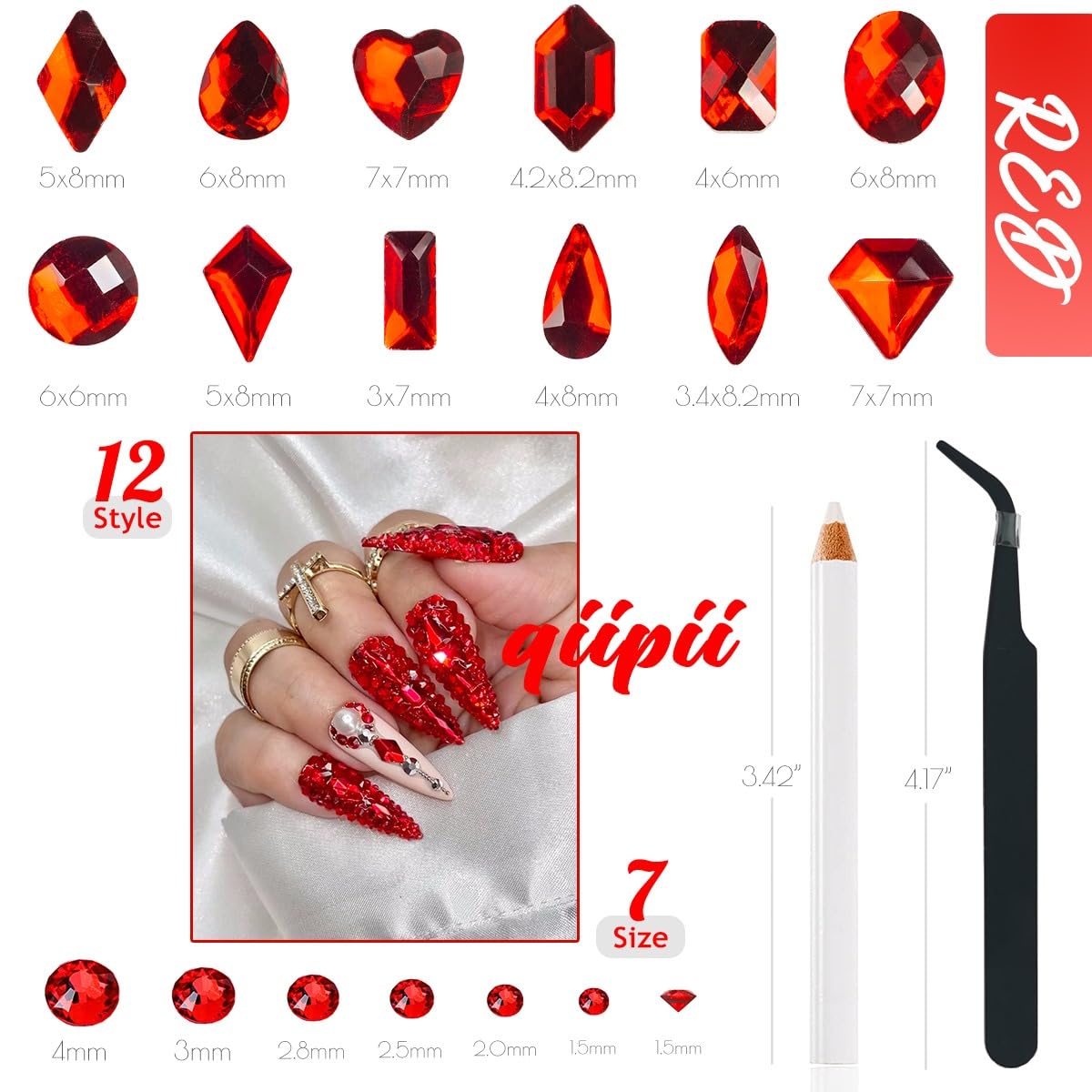 4080Pcs Red Nail Rhinestones Multi Shapes Ruby Rhinestones for Nails 1.5-4mm Crystal Gems Siam Red Round Flatback Beads Glass Stones Diamonds jewels Charms for Nails Face Eyes Makeup DIY Crafts