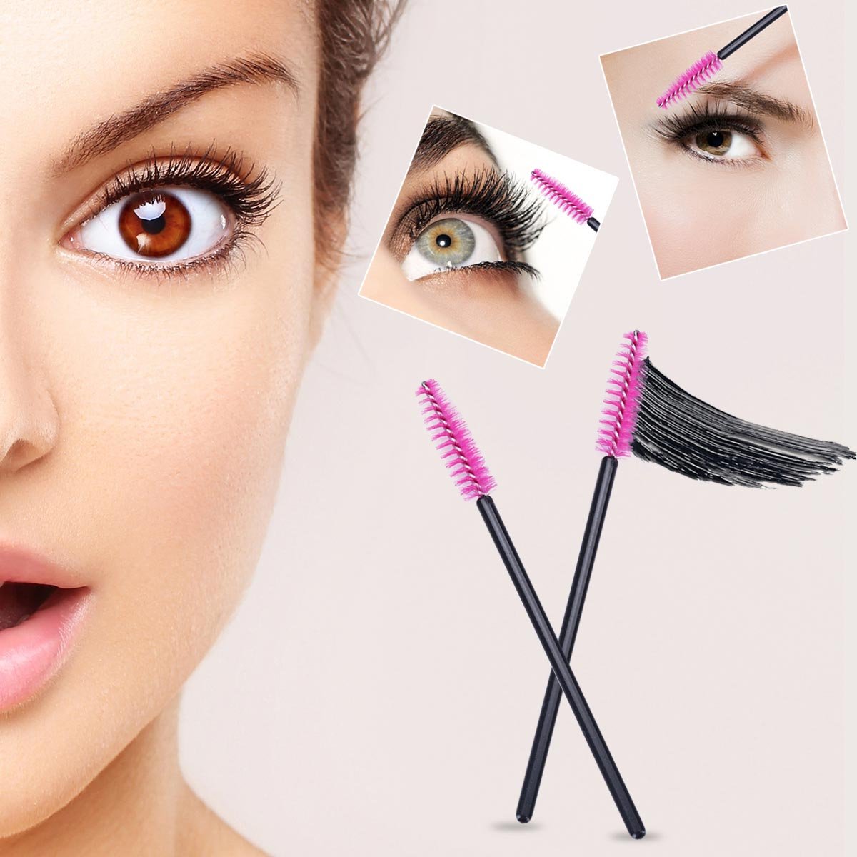 BTYMS 100 Pcs Disposable Eyelash Brush Mascara Applicator Lash Wand Eyebrow Spoolie for Extension - Pink