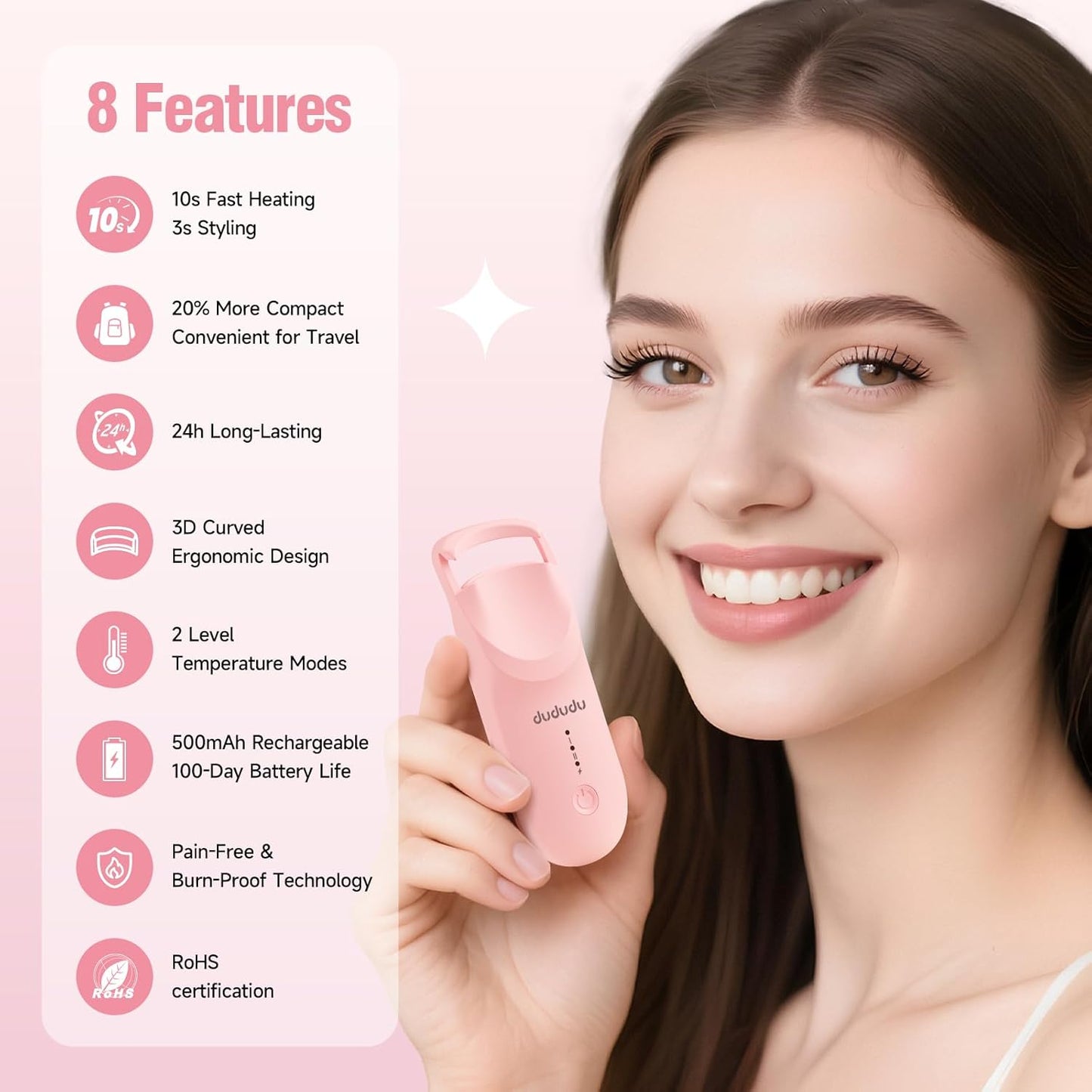 DUDUDU Heated Eyelash Curler, Portable Travel-Size Mini Electric Heated Lash Curler - 2-Level Adjustable Temp & Type-C Recharge, 10S Heat 3S Style 24H Lift for Long-Lasting Natural Effortless Curves