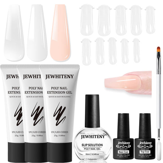 JEWHITENY Poly Extension Gel Nail Set Clear White Pink Poly Nail Gel With Slip Solution Base Coat Top Coat French Manicure for Finger Art and Home DIY Need U V Lamp Curing
