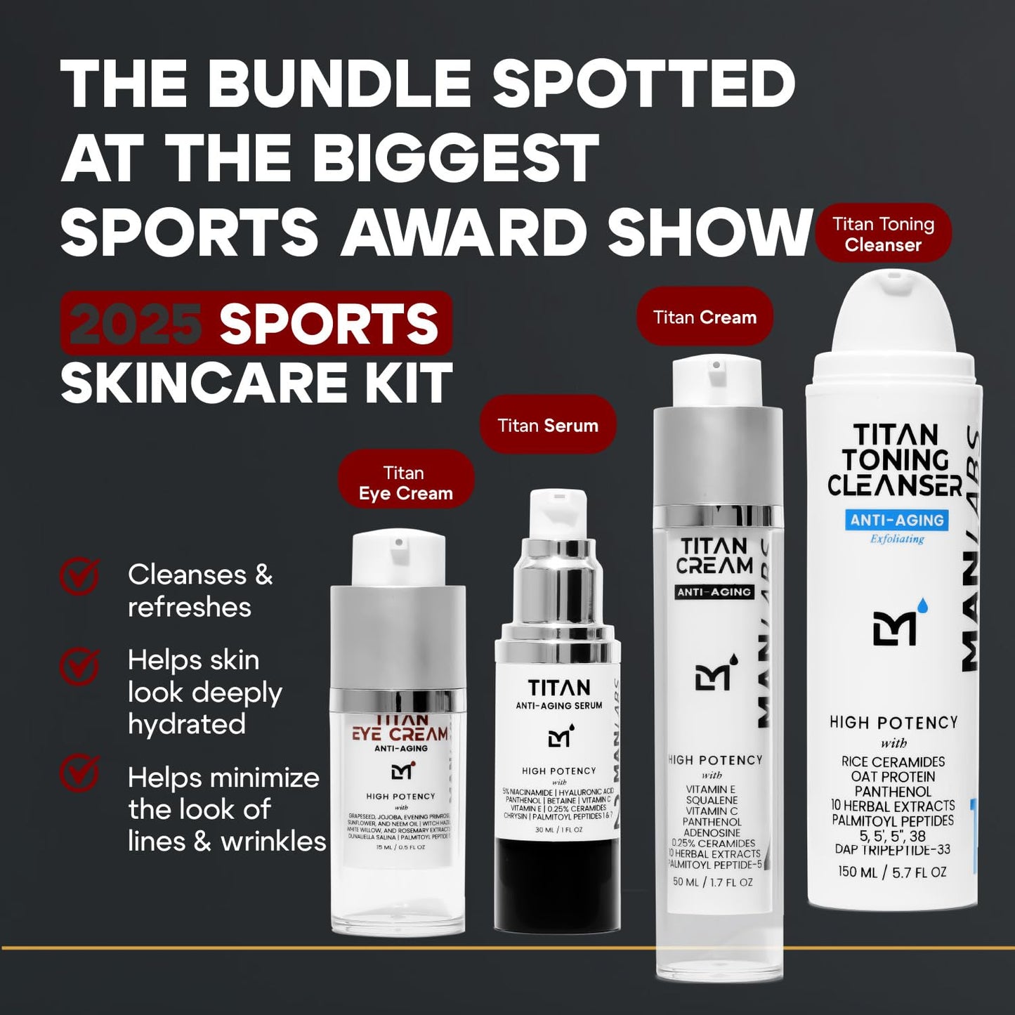 Titan Sports Anti-Aging Mens Skin Care Kit – Cleanser, Face Serum, Eye Cream, Face Moisturizer – Men, Skin Care Set – Dark Circles, Wrinkles, Fine Lines – Vitamin C, Niacinamide, HA–Unscented