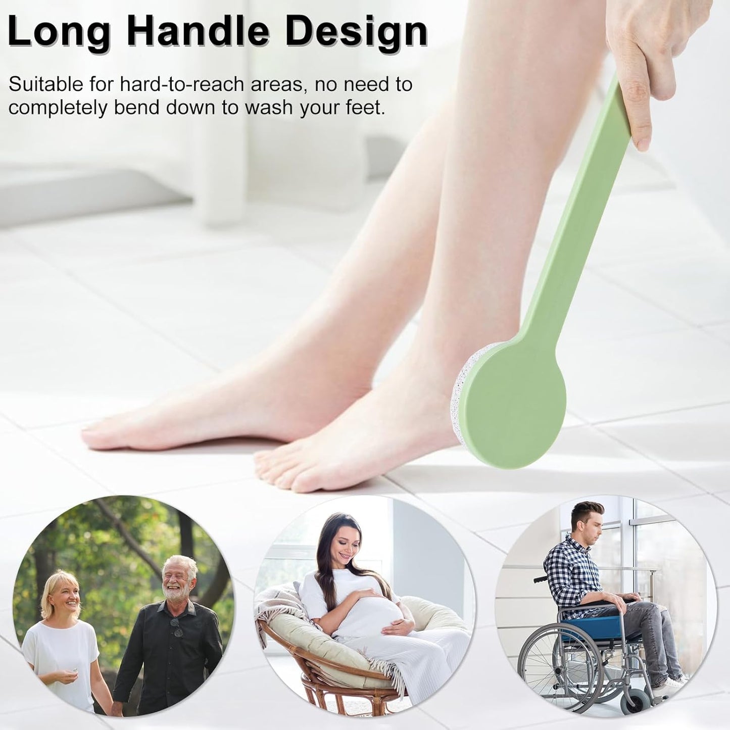 Pumice Stone for Feet with Long Handle 14", 3 Pcs Hard Skin Callus Remover, Scrubber and Exfoliator for Dead Dry Skin, Softer & Smoother Feet, Pedicure Tool (Straight) Green