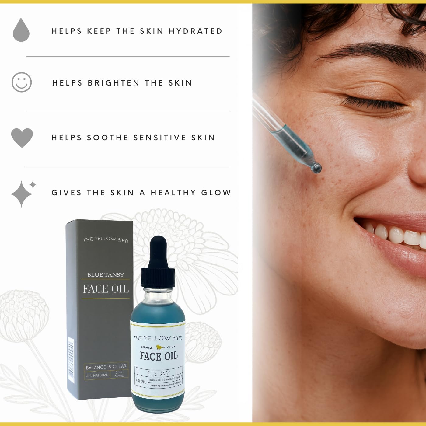 Yellow Bird Balancing Blue Tansy Face Oil 2 oz / 59 ml – Skin Glowing Serum. Collagen Support. Promotes Clear Skin Naturally. Wrinkle, Blemish & Pore Minimizer. Natural, Vegan Facial Moisturizer.