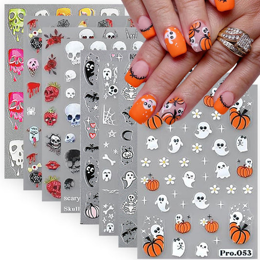 8 Sheets Halloween Nail Art Stickers Cute Ghost Nail Decals 3D Self-Adhesive Goth Skull Pumpkin