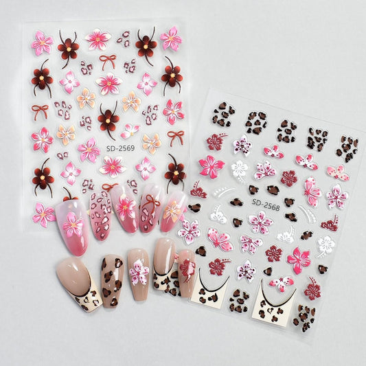 Fall Flowers Nail Art Stickers, Maillard Leopard Lily Nail Decals 3D Embossed with Sweet Cool Spicy