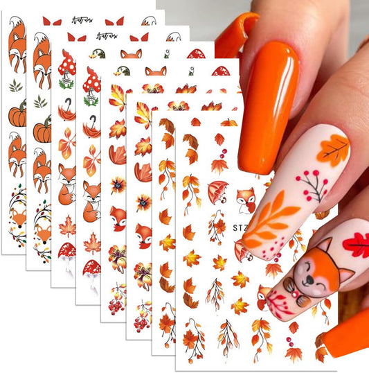 8Sheets Thanksgiving Nail Stickers Autumn Nail Art Stickers Maple Leaves Nail Decals Red Orange