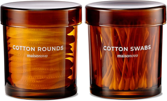 MaisoNovo Qtip Holder Bathroom Set – Airtight Glass Qtip Holder with Lid to Store Q Tips, Cotton Rounds, Cotton Balls, Floss Picks, Hair Ties with free labels pack - 2 Amber Jars with Glass Lids