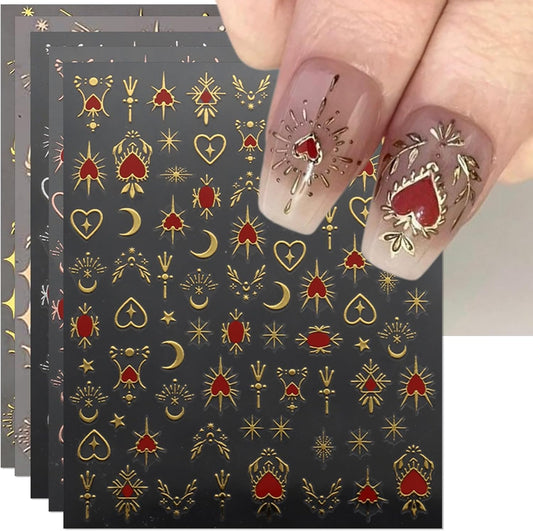 9 Sheets Gold Heart Nail Art Stickers - Valentines Day Self-Adhesive 3D Nail Decals for DIY Golden