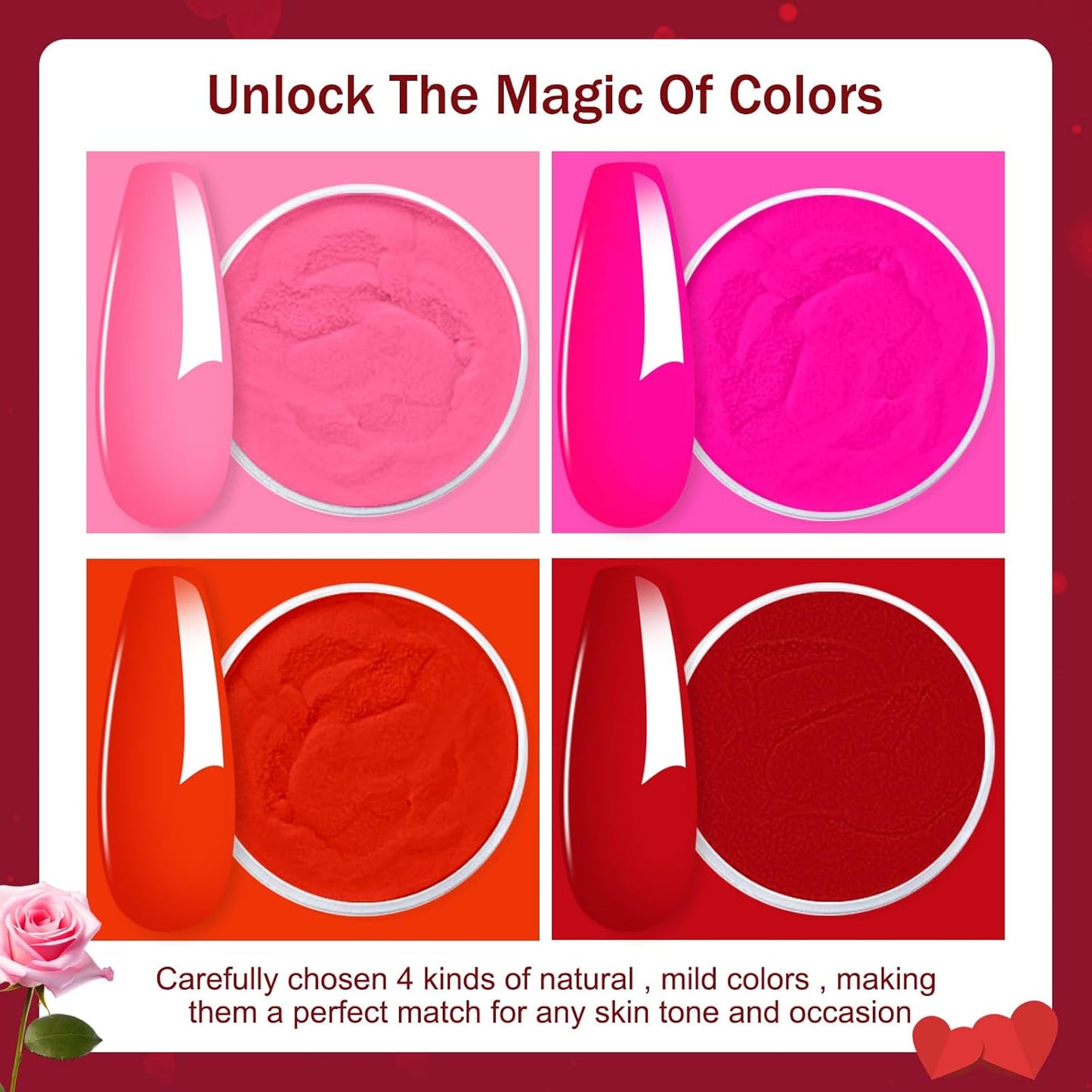 Honey Joy Dip Powder Nail Kit Starter, 4 Colors Dark Red Hot Pink Fine Dipping Powder Liquid Set with Base Top Coat Activator for Nail Art Manicure Salon DIY No LED Nail Lamp Needed, Dip-7pcs-No.20