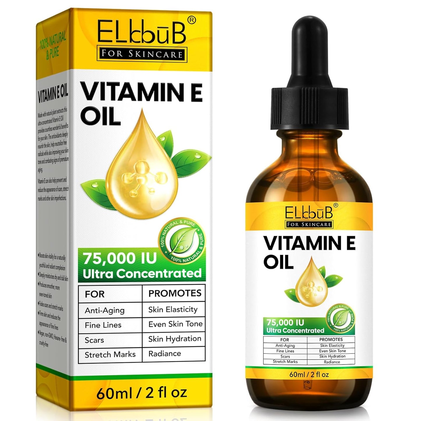 Vitamin E Oil - 75,000 IU Ultra Concentrated - Moisturizes, Fades Scars & Stretch Marks, Anti-Aging & Skin Hydration - for Face, Body, Hair, and Nails