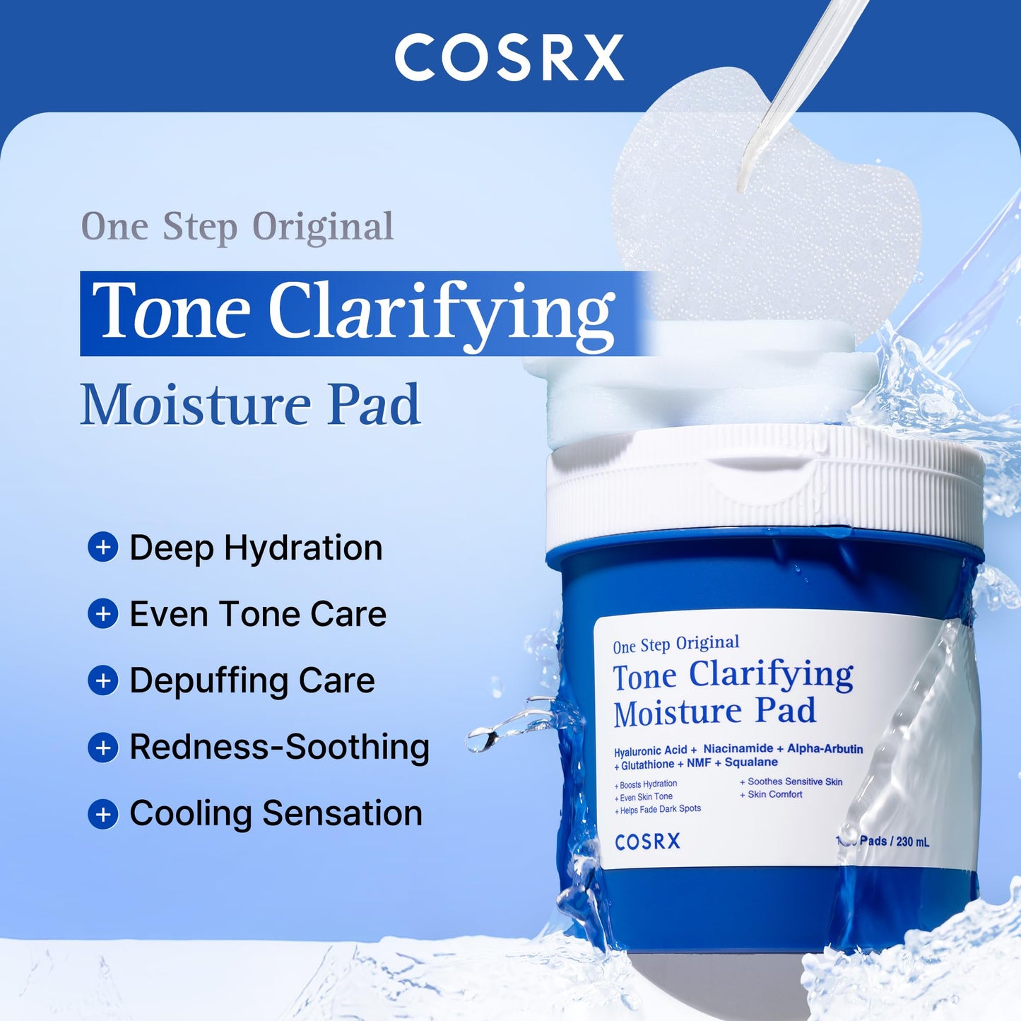 COSRX OneStep Tone Clarifying Toner Pads, Even Skin & Hydration (100 Pads)