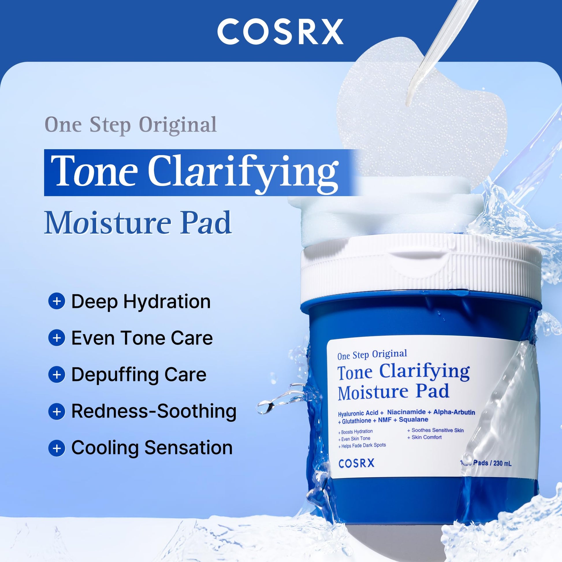 COSRX OneStep Tone Clarifying Toner Pads, Even Skin & Hydration (100 Pads)