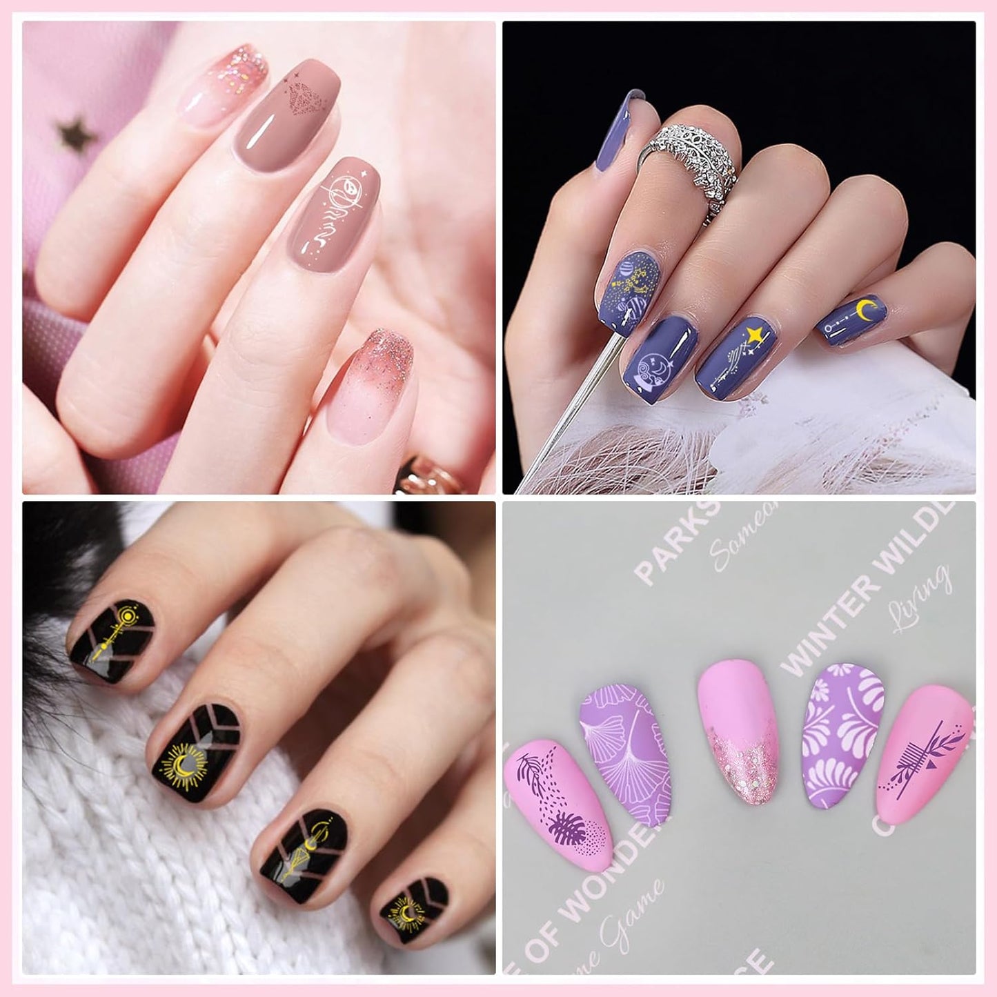 Biutee 4PCS Nail Stamping Plates Set, Includes Nail Art Stamper & Scraper - French Line Lace, Space, Animal, Flower, Leaf Designs - Large Nail Art Stencils Templates for DIY Manicure