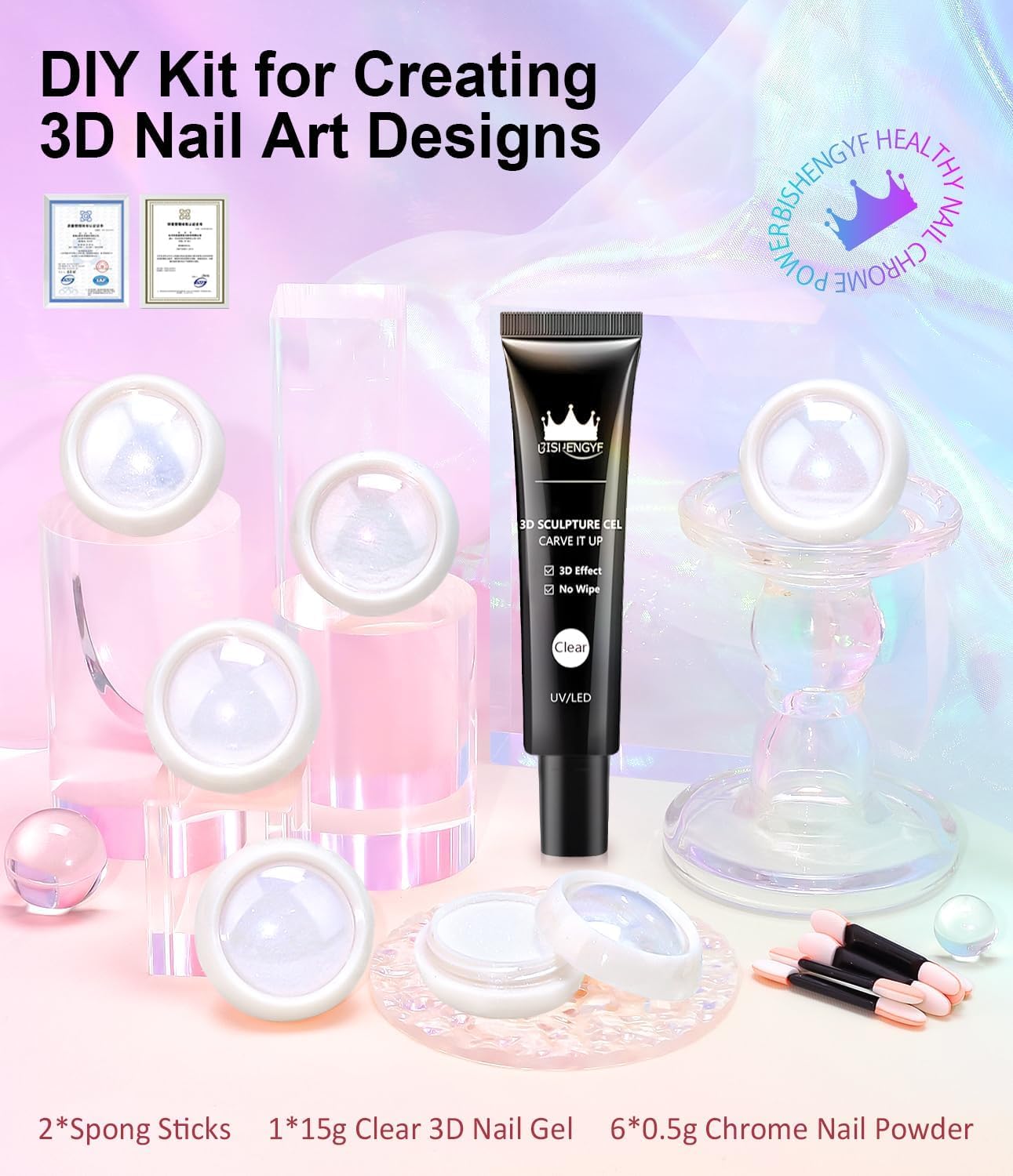 White Chrome Nail Powder - 15g No Wipe 3D Nail Gel Pink Pearl Nail Chrome Powder Non-Sticky Clear 3D Sculpting Gel Hard Gel Carving Gel for Nail Art Home DIY