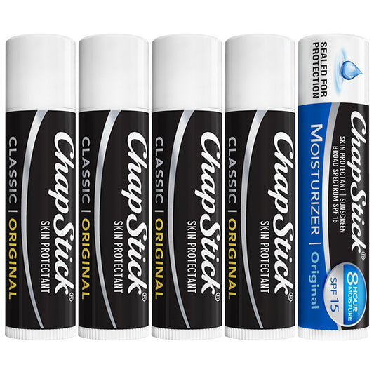 ChapStick Original Lip Balm 4-Pack + 1 Chapstick Moisturizer 2-in-1 Lipcare with SPF 15, 0.15 Oz Ea (5 Piece Set)