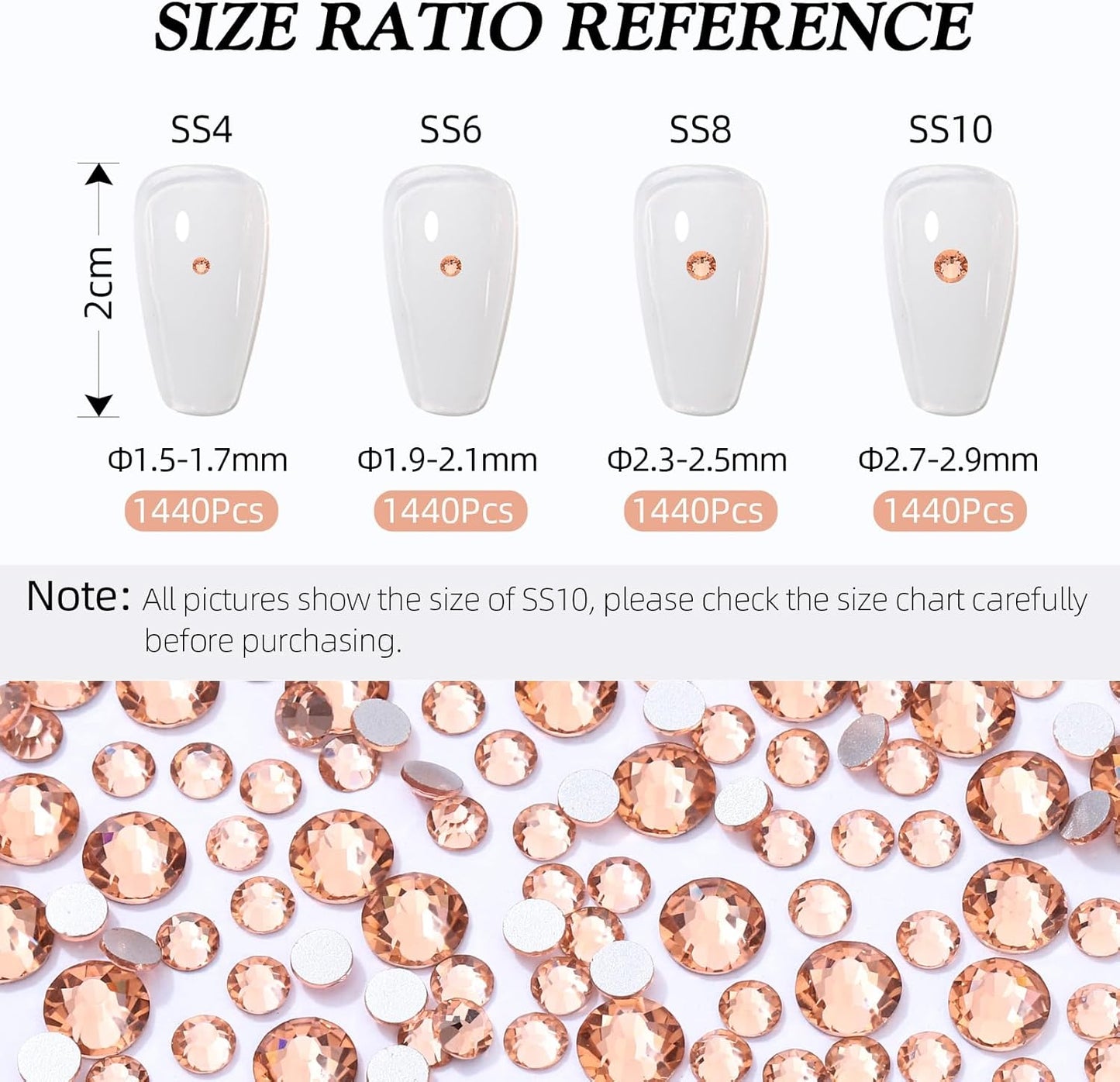 Champagne Flatback Rhinestones, Glass Rhinestones for Nail Art and Craft, Glue Fix, Loose Crystal Gemstones(Champagne, SS6, 1440pcs, 1.9-2.0mm)