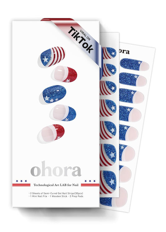 ohora Semi Cured Gel Nail Strips (N Star Stripes) - Works with Any Lamps, Salon-Quality, Long