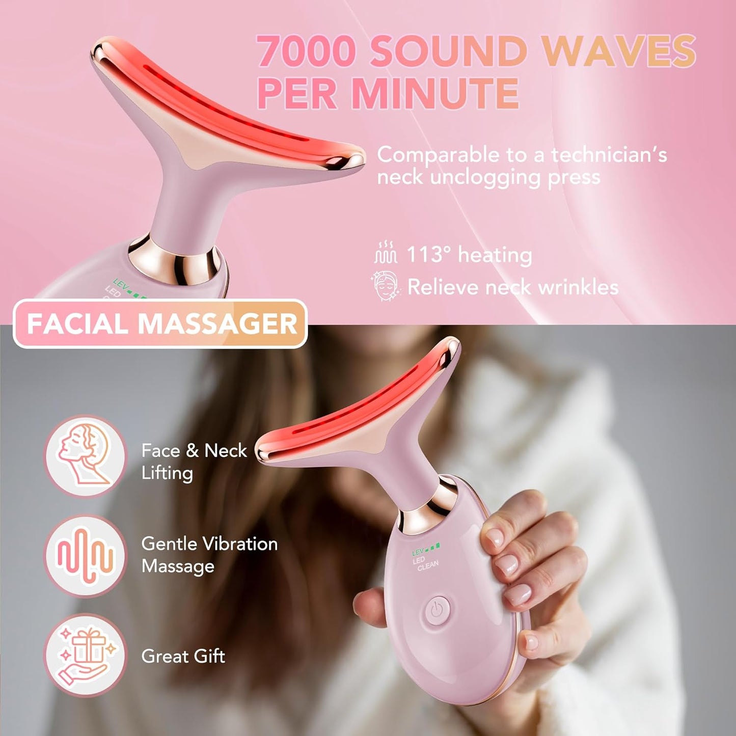 Red-Light-Therapy-for-Face, Facial Massager Wand with 7 Color - Birthday, Christmas, Mothers Day, Valentines Day, Self Care Gifts for Her Women Mom Best Friend Wife Teacher (Rose Gold)