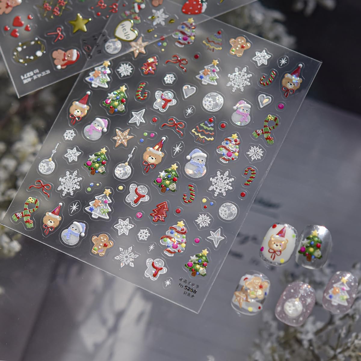 Christmas Nail Stickers Snowflake Snowman Nail Decals 5D Self Adhesive with Design Xmas Tree Nail Art Stickers Bear Nails Art Decals for Women Girls Manicure DIY Decoration Accessories