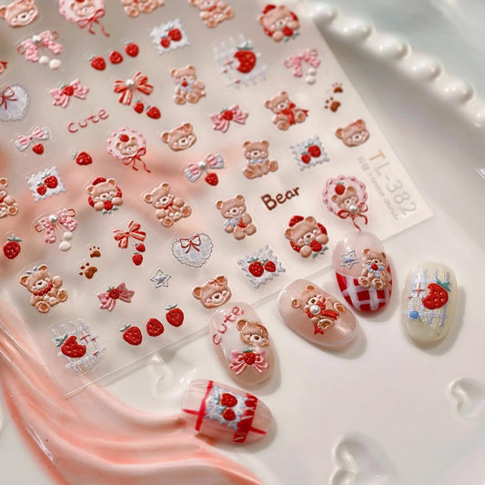 Cute Nail Stickers Bear Nail Art Decals Strawberry with Design Nails Art Stickers 5D Embossed