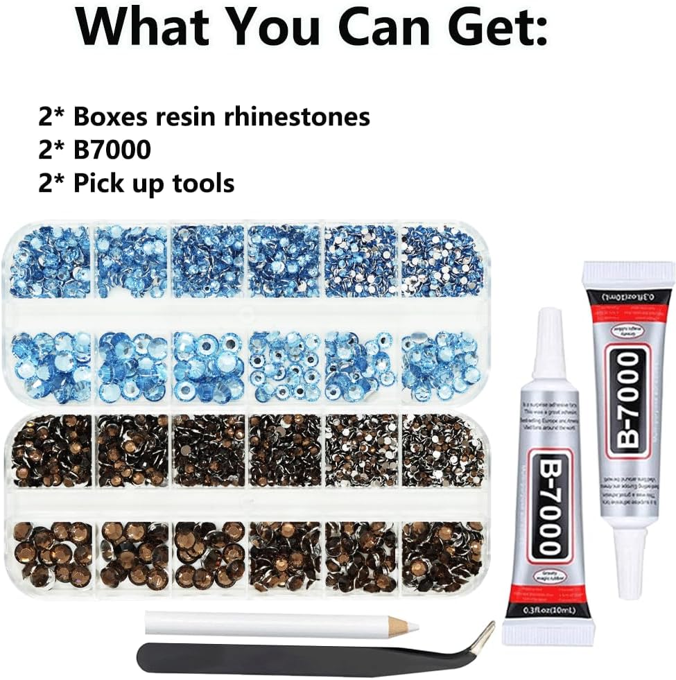 Rhinestones for Bedazzling with B7000 Glue, Light Blue Brown 2mm 3mm 4mm 5mm 6mm (SS8-SS30) Non-Hotfix Flatback Diamonds Kit, Nail Crystals Gems Beads for Bedazzle Crafting, DIY Nail Art