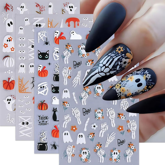 4Pcs Halloween 5D Embossed Nail Stickers Cute Ghost Nail Decals Self-Adhesive Pumpkin Spider Web
