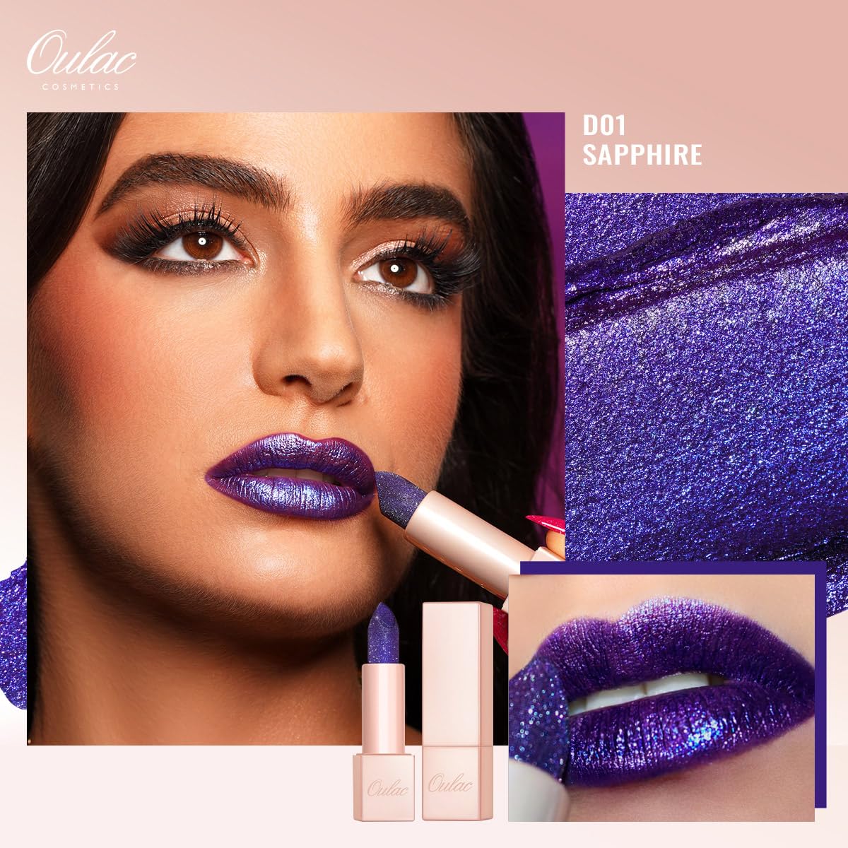 Oulac Blue Purple Glitter Lipstick, Infinity High Shine Finish, Hydrating Lip Color Infused with Damask Rose Oil for All-Day Comfort, Gluten-Free Vegan Beauty, D01 Sapphire