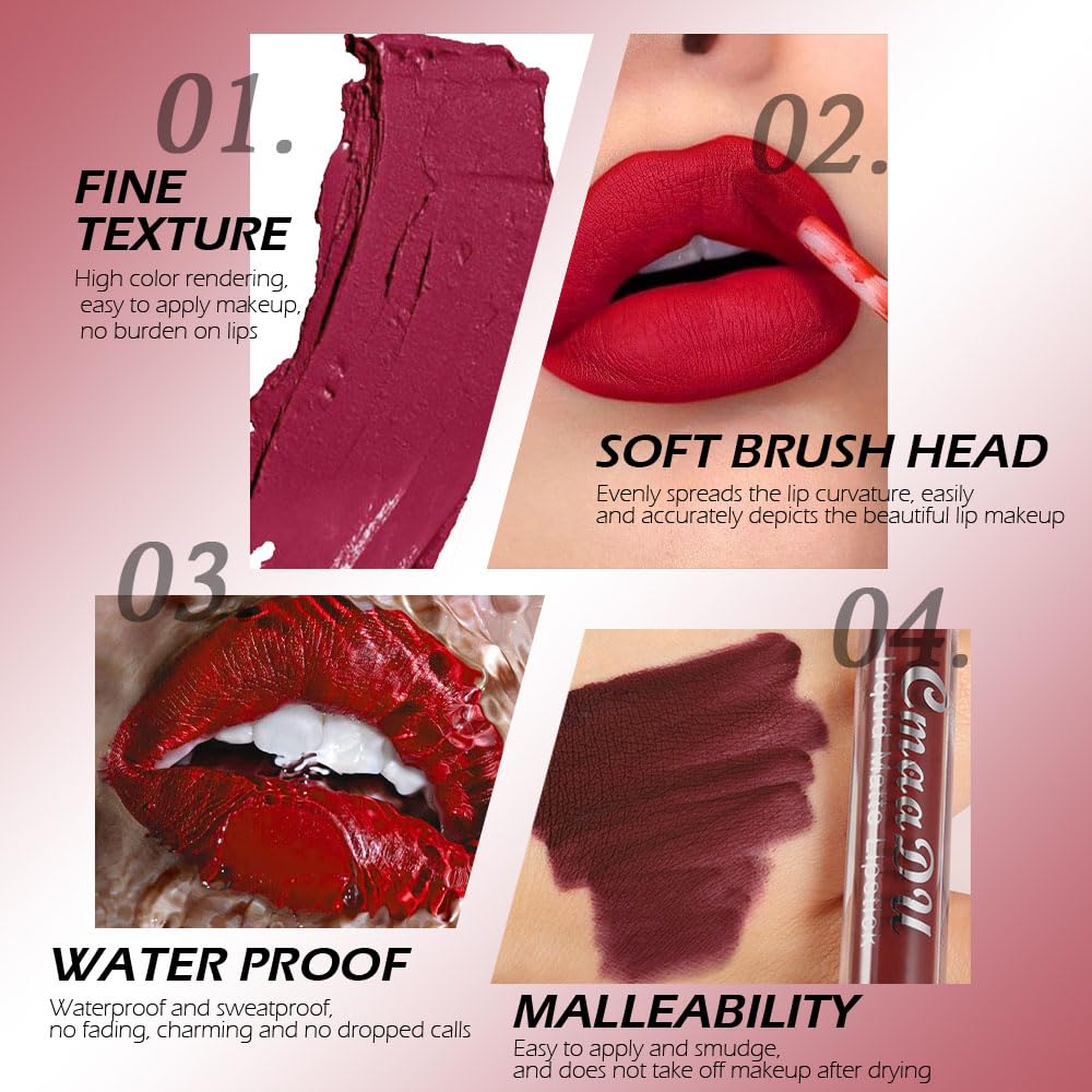 evpct 1Pcs Dark Red Liquid Matte Lipstick Lipgloss Set for Women, labiales mate 24 horas originales matte larga duracion 24 Hour Lipstick Lip Stains Long Lasting Waterproof 24, 16#