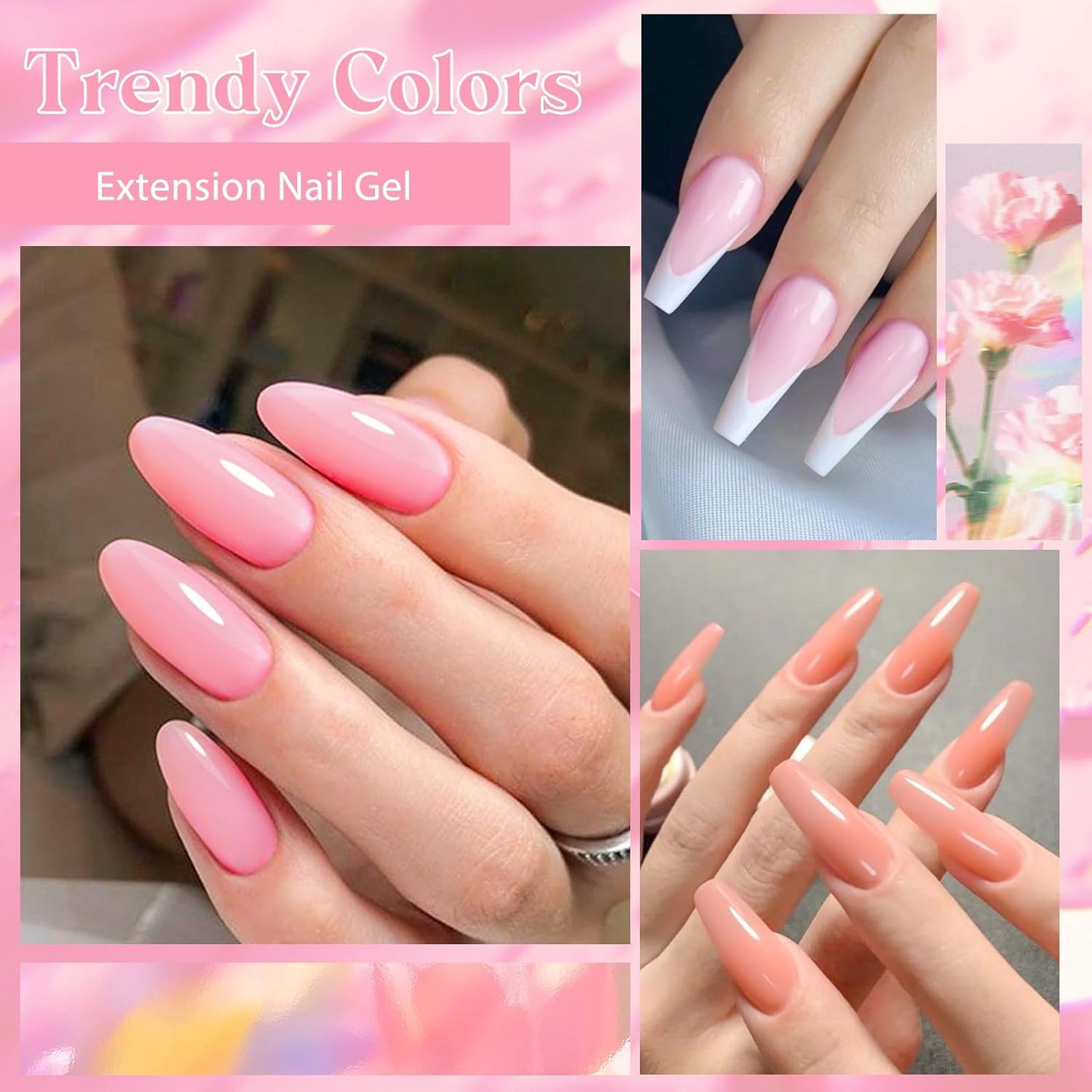 MEET ACROSS Poly Nail Gel Set - 6 Neutral Colors for Extension Nails, Long Lasting, Natural-looking, Strong Builder Enhancement for Salon Manicure DIY at Home 20ML Clear White Nude Pink