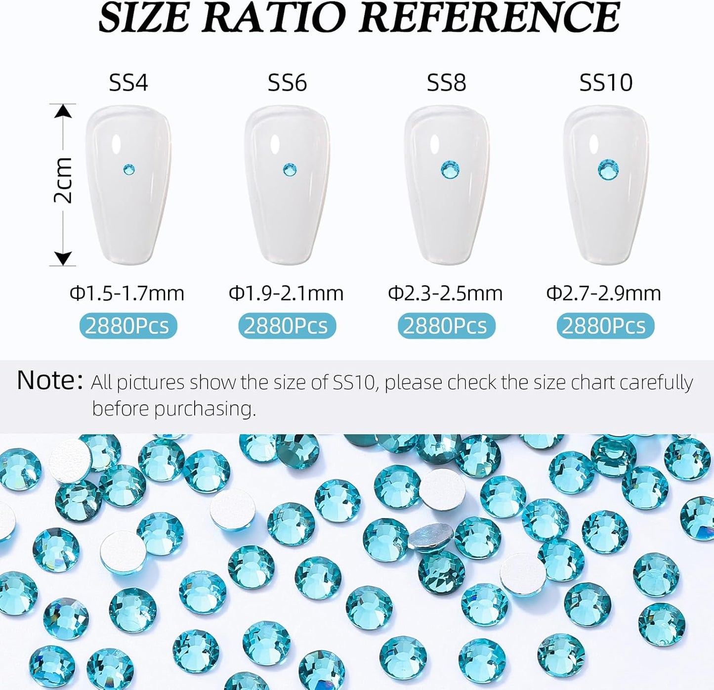 Aquamarine Flatback Rhinestones, Glass Rhinestones for Nail Art and Craft, Glue Fix, Loose Crystal Gemstones(Aquamarine, SS10, 2880pcs, 2.7-2.8mm)