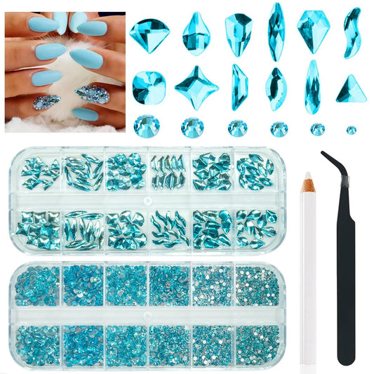 Aquamarine Rhinestones for Nails Lake Blue Nail Rhinestones Multi Shapes Flatback Water Blue