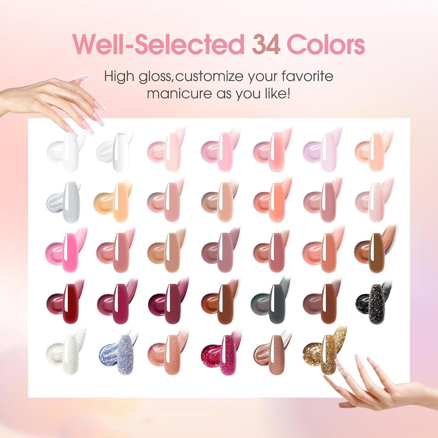 ROSALIND Poly Nail Gel Kit -34 Colors + White Brown Accessories Clear Nude Poly Nails Gel Starter Kit with Mini UV Lamp Slip Solution Nude Pink Extensions Set