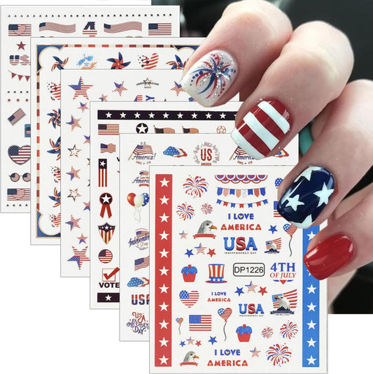 6Pcs Independence Day Nail Art Stickers Patriotic American Flag Heart Balloon Fireworks Nail Design