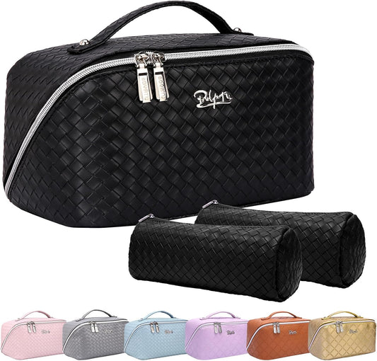 BOYATU Travel Makeup Bags for Women: Large Cosmetic Bag - PU Leather Make up Bag Set of 3 - Compact Toiletry Organizer with Compartments (L03 Black)