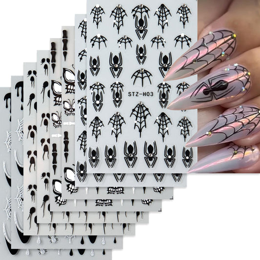 8 Sheets Black Halloween Nail Art Stickers Decals Spider Web Nails Sticker with Rhinestones Design