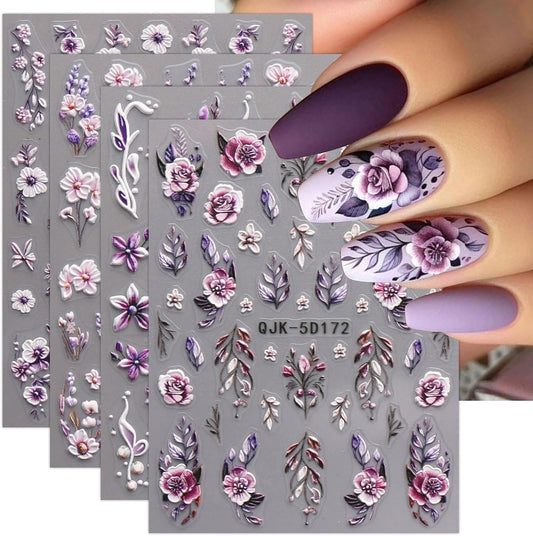 JMEOWIO 3D Embossed Flower Nail Art Stickers Decals Self-Adhesive 5D Spring Summer Floral Nail