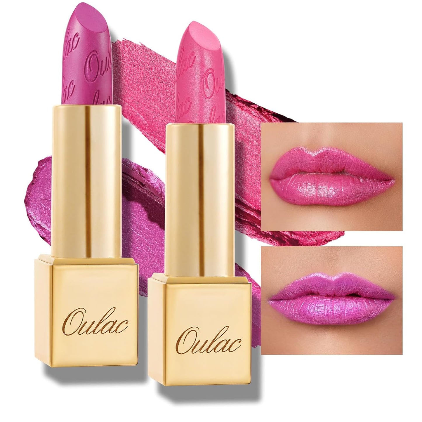 Oulac Metallic Fuchsia & Pink Lipstick Set - 2PCS Vegan Lightweight Hydrating Formula with High Impact Lip Color for Full Coverage Lip Makeup, Christmas Gifts for Women, 15+17